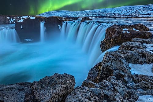Iceland Aurora borealis and the Godafoss Waterfall Landscape Print
